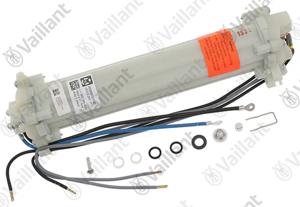 Vaillant Heater-Komponente mit mehreren Drähten und Dichtungen, inklusive Schrauben und einem Verbindungselement, auf einem weißen Hintergrund.